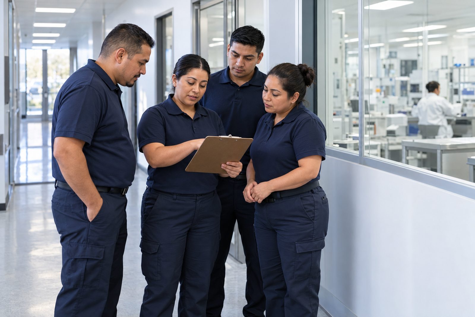Facility services crew in navy uniforms reviewing a shift checklist together in a lab corridor