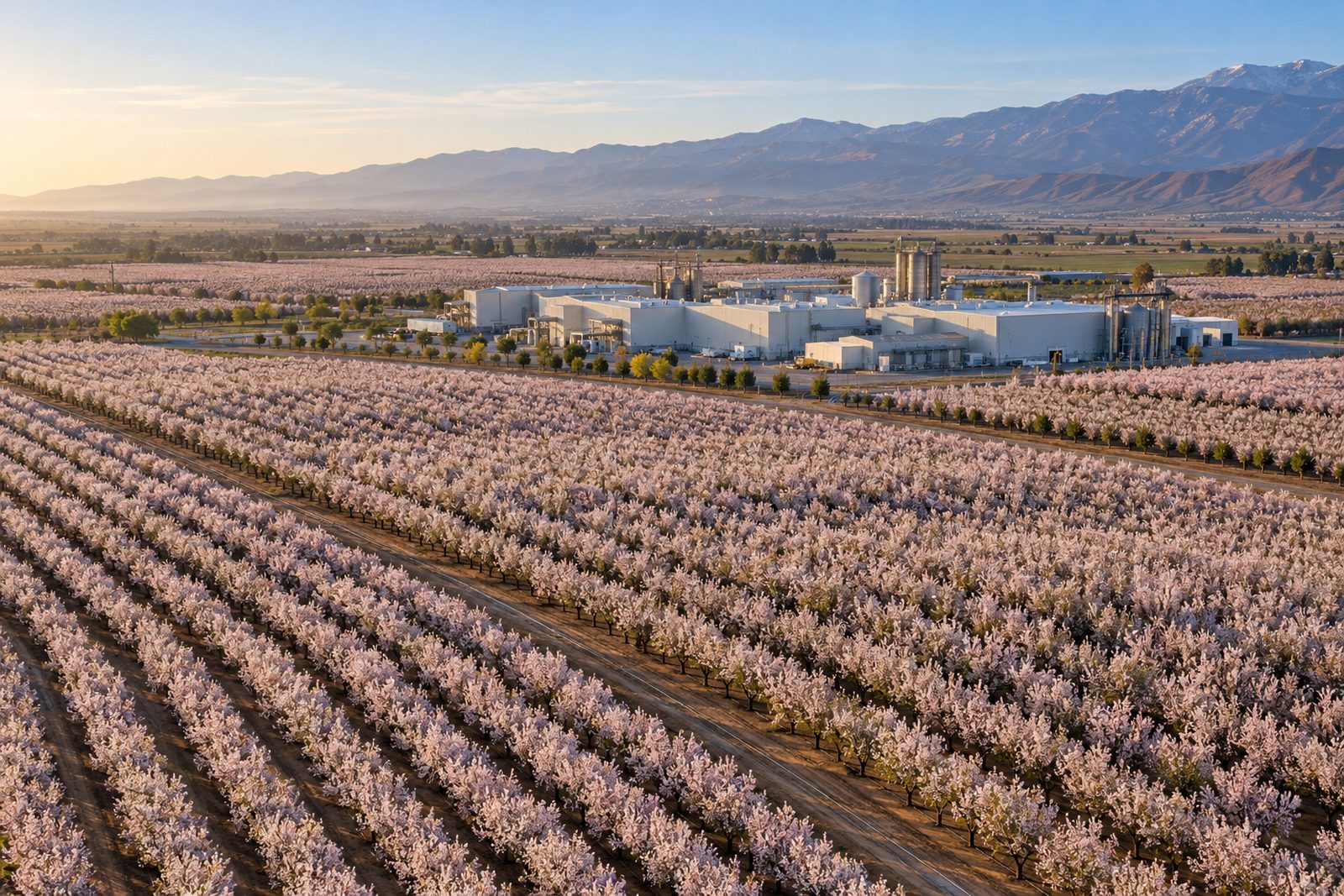 Central Valley almond orchards in bloom around a food processing plant below the foothills