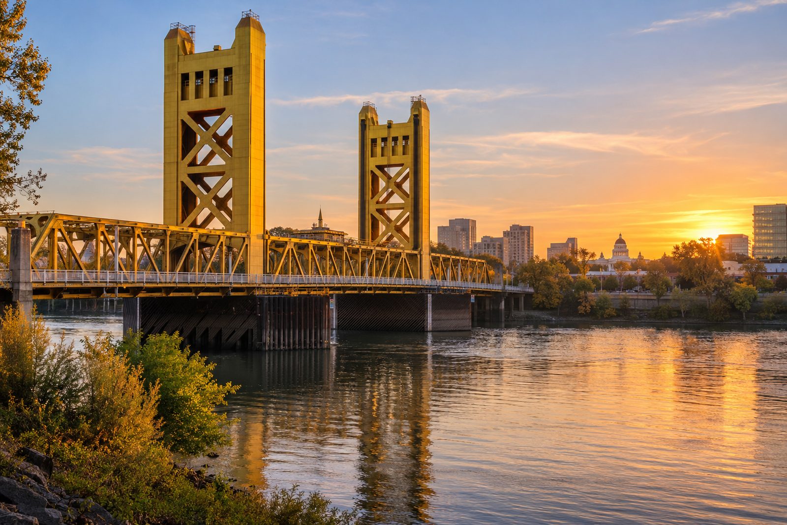 Sacramento's Tower Bridge over the river at sunrise with the Capitol dome on the skyline