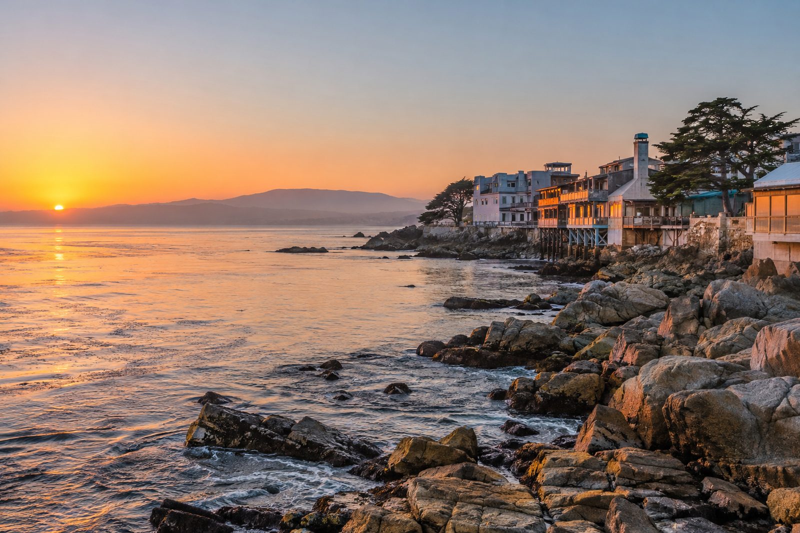 Monterey Bay shoreline at sunrise with waterfront buildings on the rocks