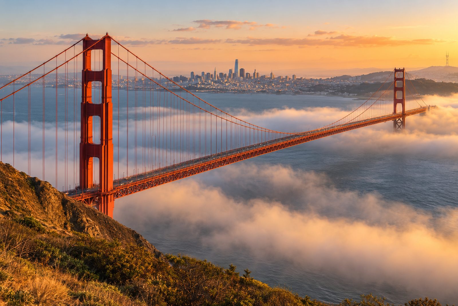 Golden Gate Bridge and the San Francisco skyline at golden hour with fog below the deck