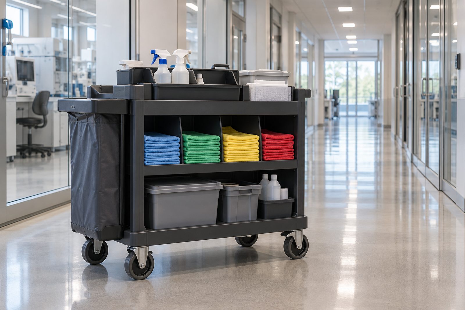 Custodial supply cart neatly stocked with color-coded microfiber cloths in a hallway