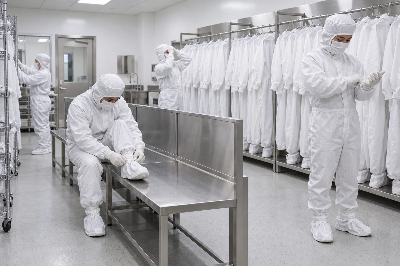 Cleanroom gowning room with coveralls hung in order and a step-over bench