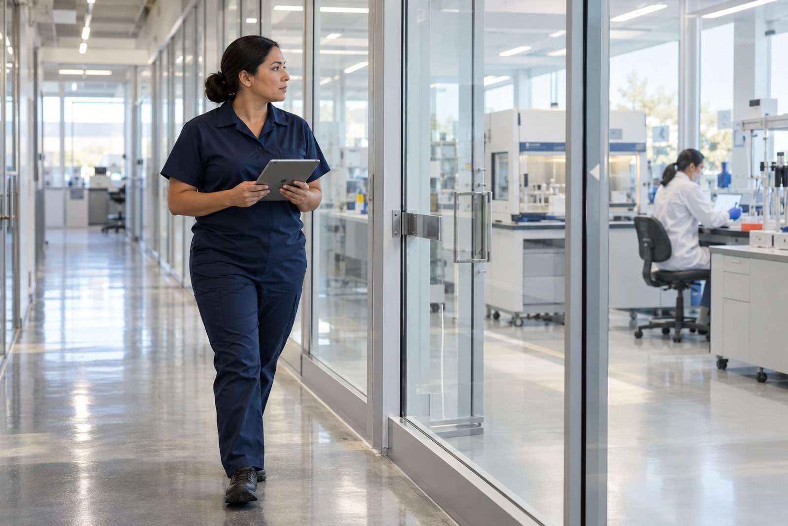 Supervisor in a navy uniform walking a lab corridor with a tablet, checking a room
