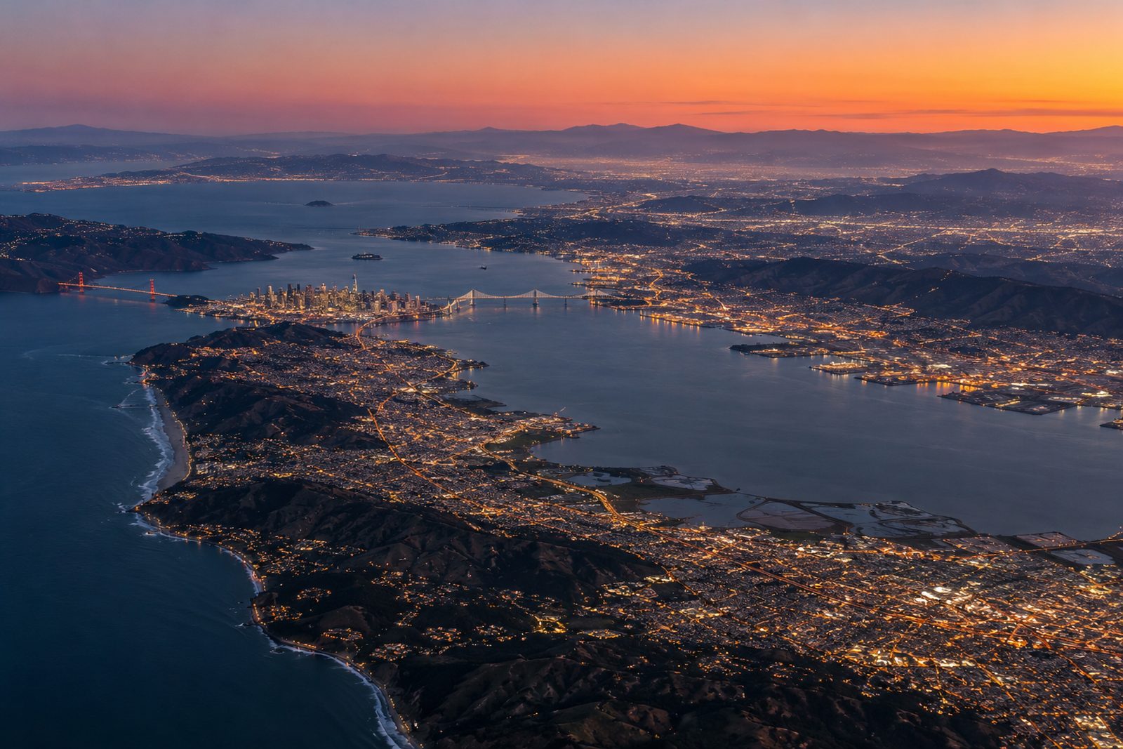 Aerial view of the San Francisco Bay at dusk with city lights along the shoreline