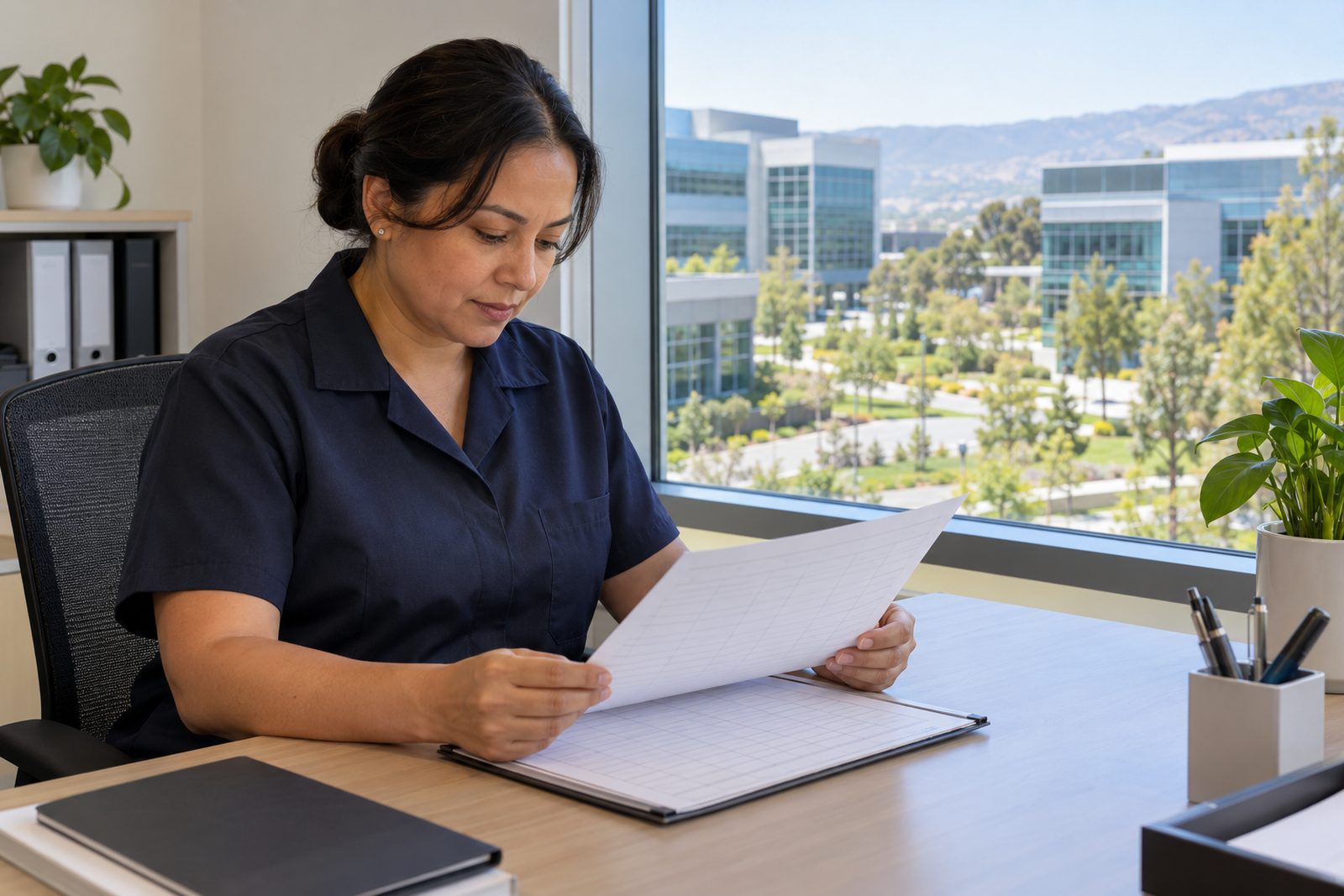 Supervisor reading a printed cleaning log at a desk beside a window over a lab campus