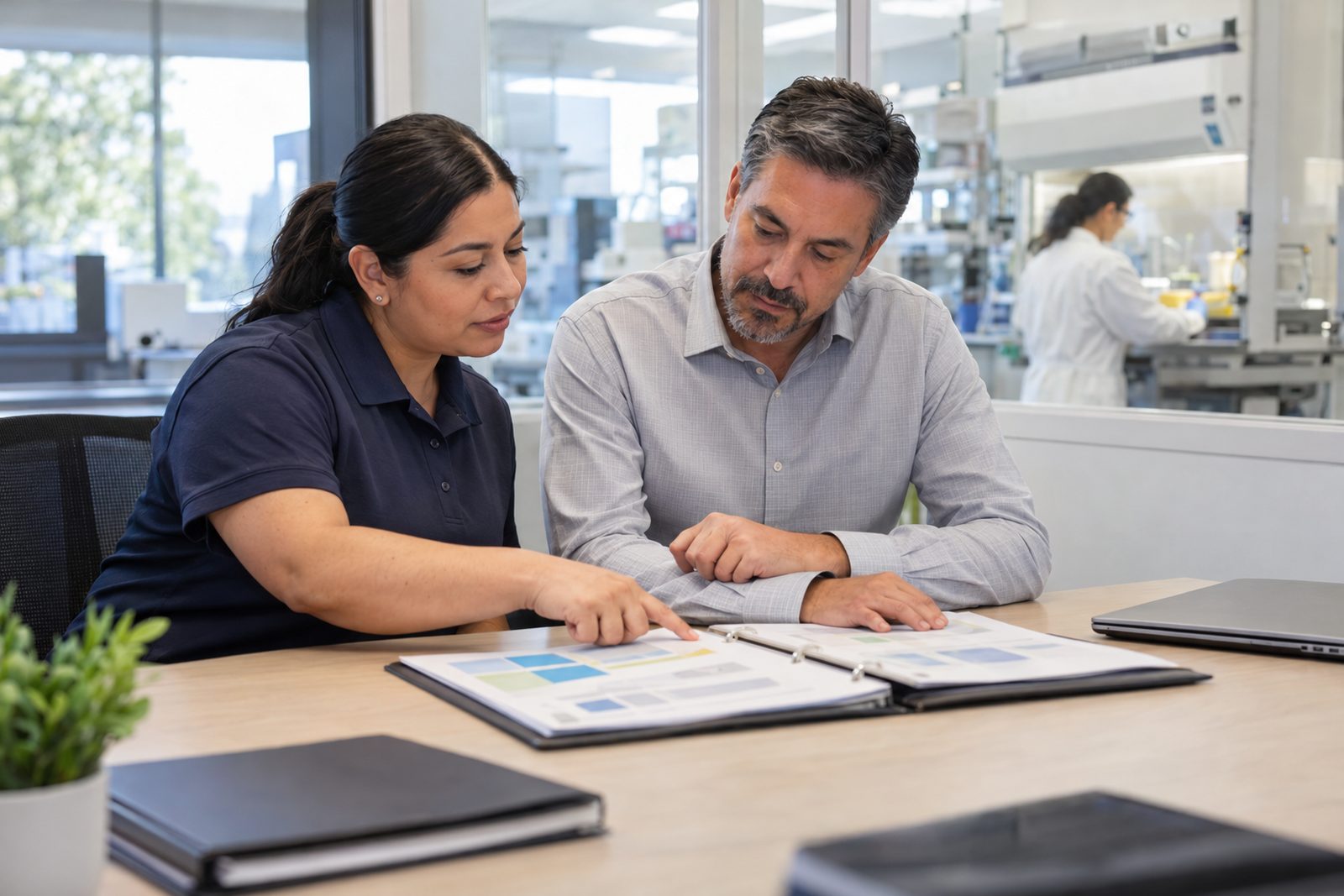 Facility manager and service supervisor reviewing a binder of inspection results in a lab office