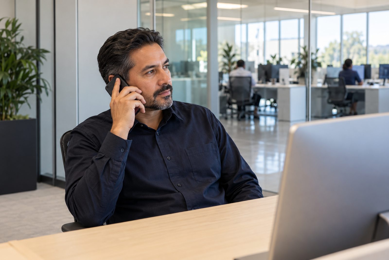 Facility manager on a phone call at a desk overlooking a clean office floor
