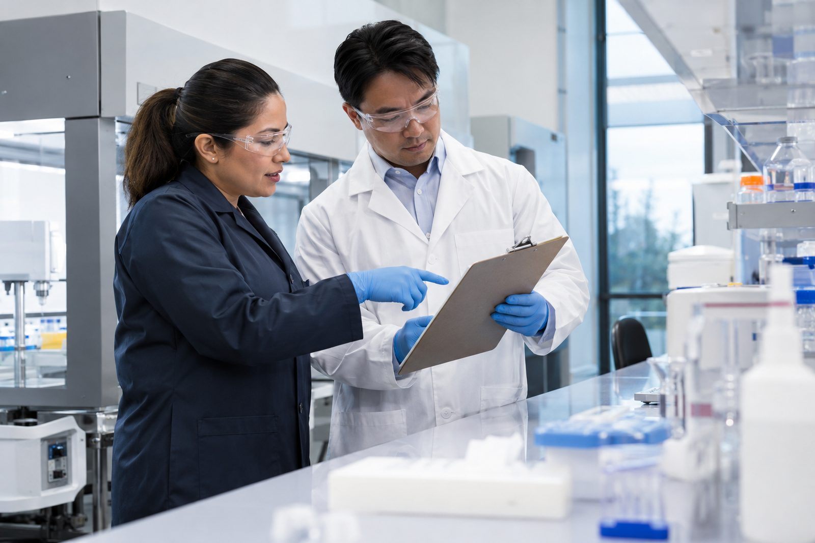Supervisor explaining a cleaning checklist to a lab manager at a bench, both attentive