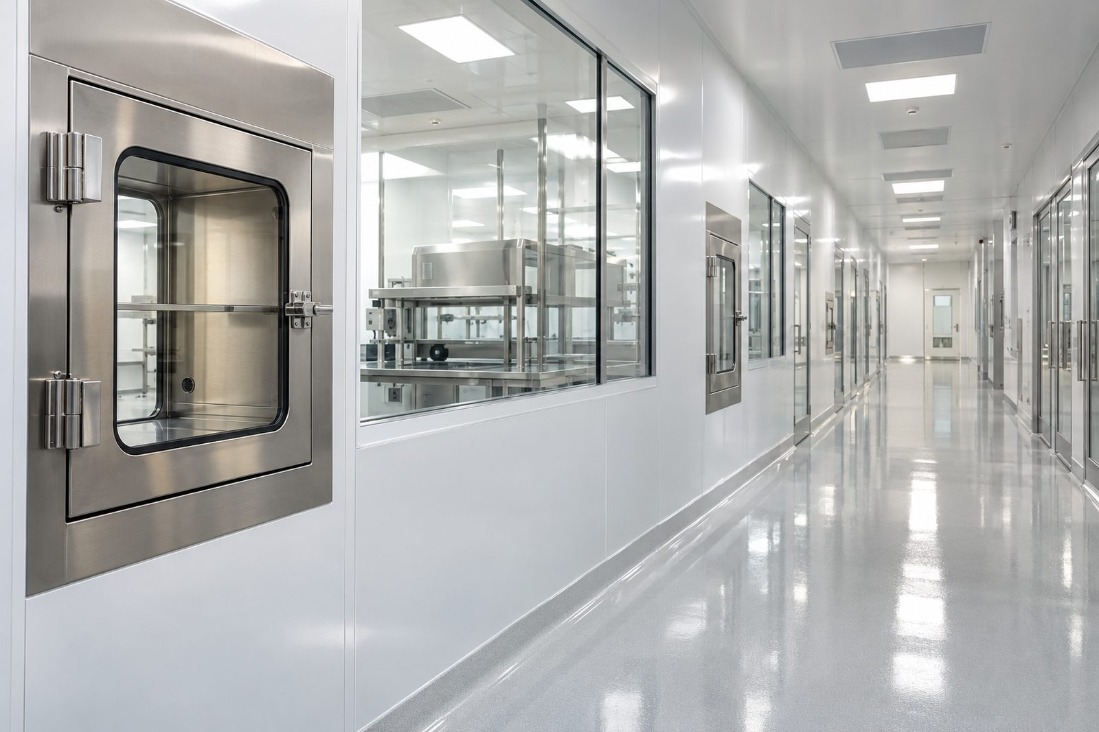Gleaming cleanroom corridor with stainless pass-throughs and epoxy floor, no people