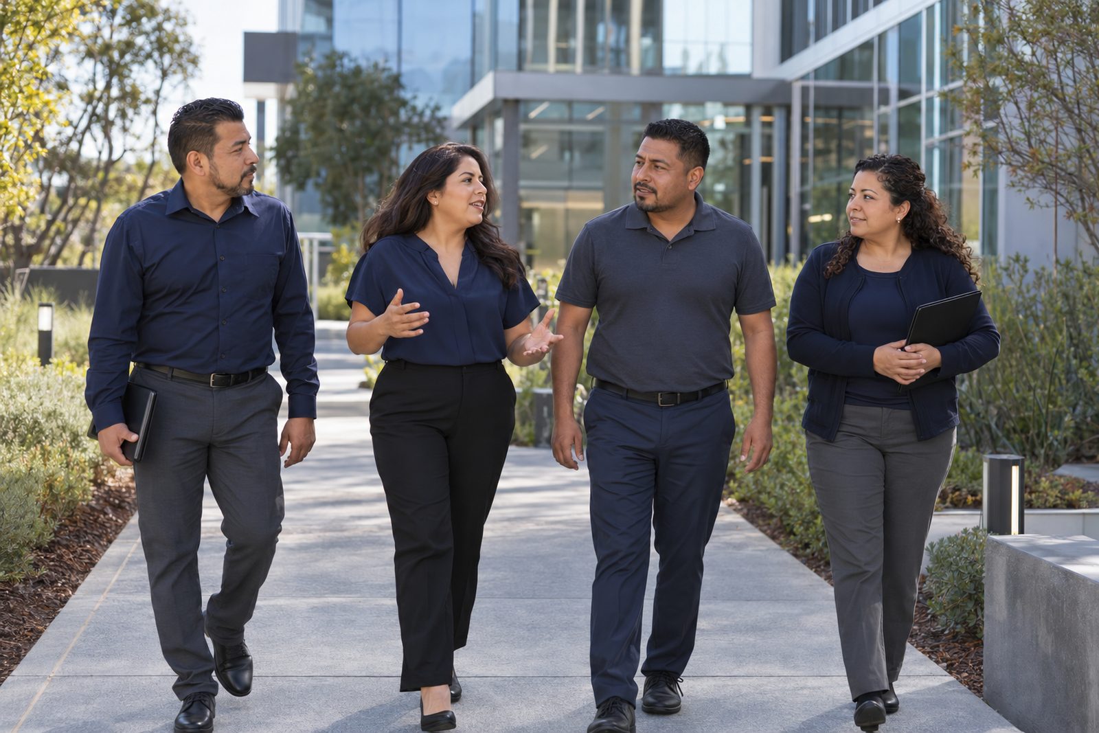 Small group of managers in business casual walking a lab campus walkway in conversation
