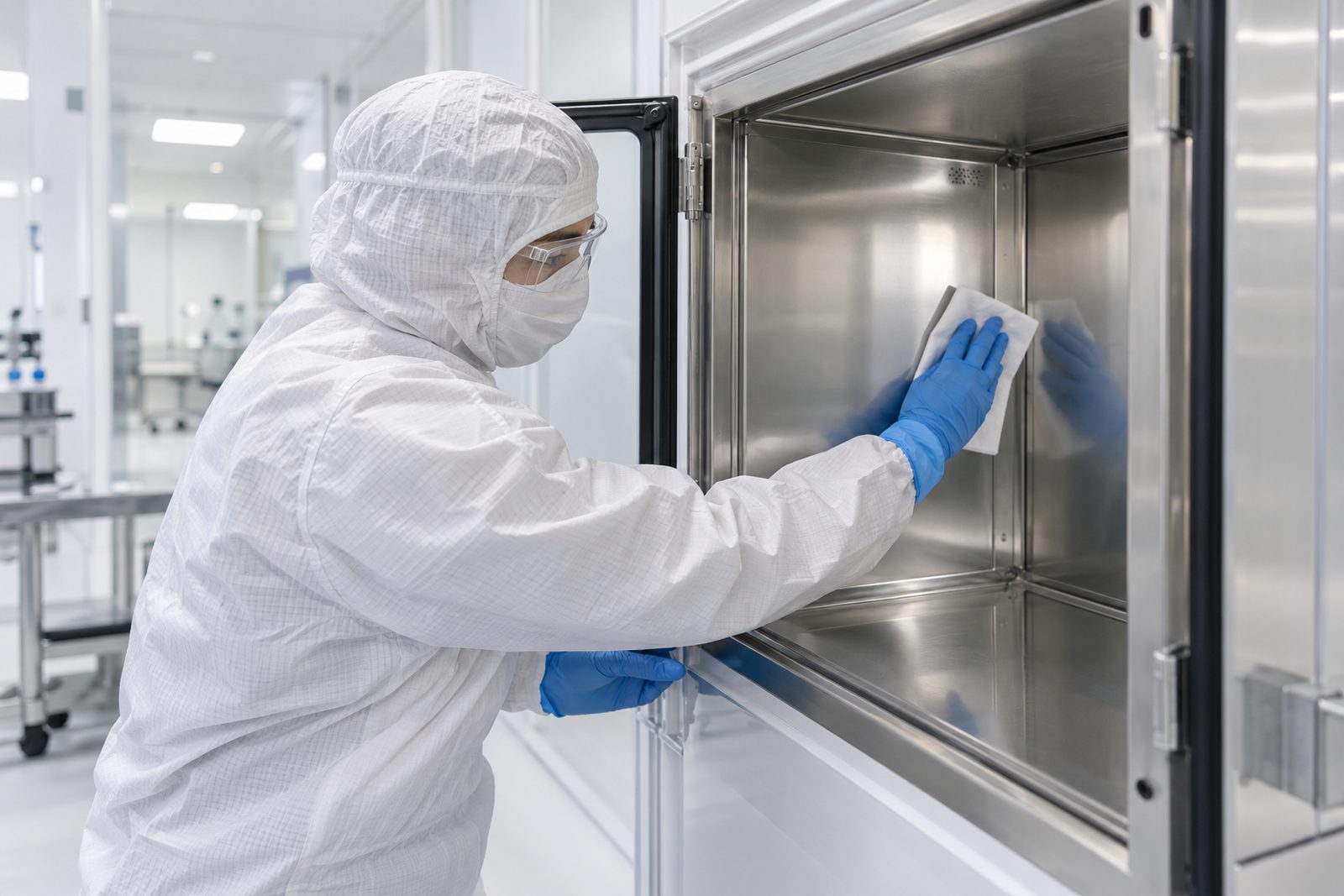 Technician in a white cleanroom coverall, hood and mask wiping a stainless pass-through in a bright biotech cleanroom