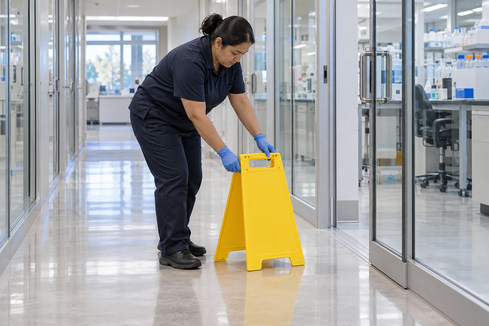 Custodian carefully placing a wet floor caution stand without text in a lab hallway