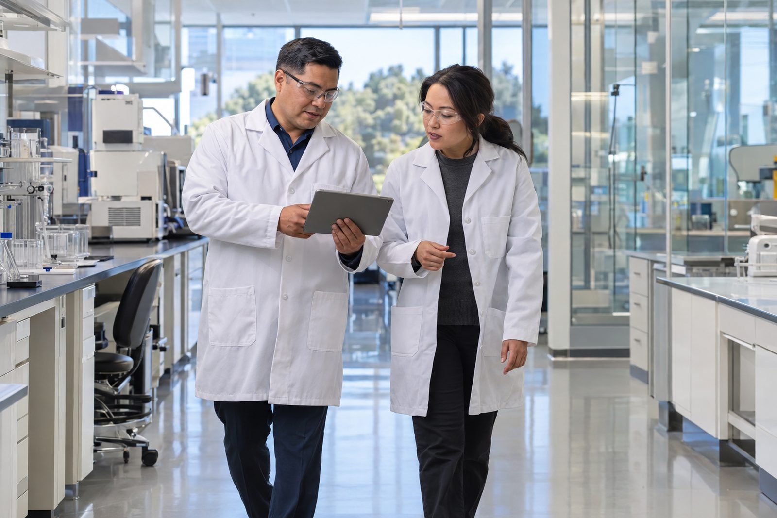 Supervisor and client facility manager doing a walkthrough of a lab with a tablet