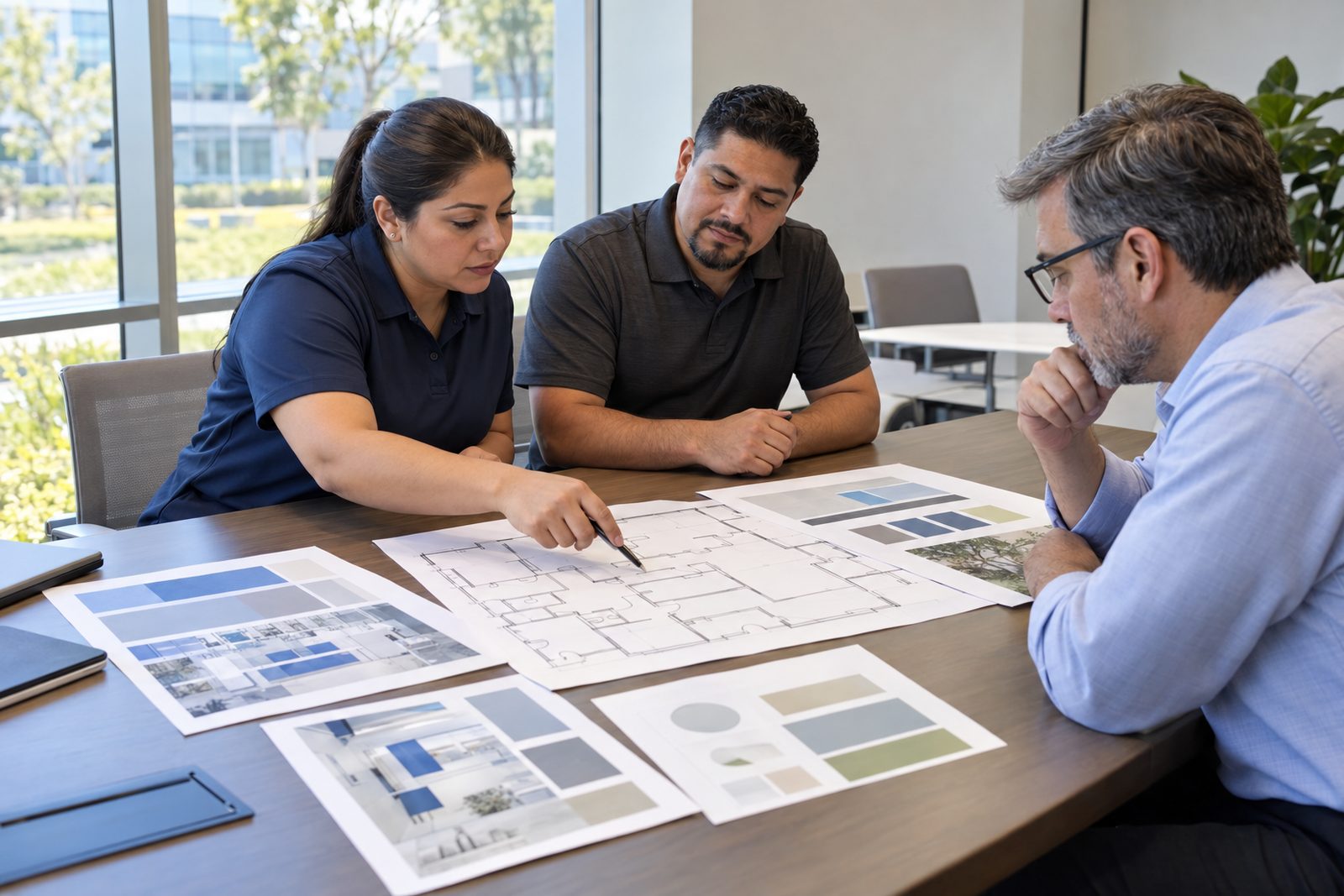 Two supervisors and a client facility manager reviewing a proposal and floor plan