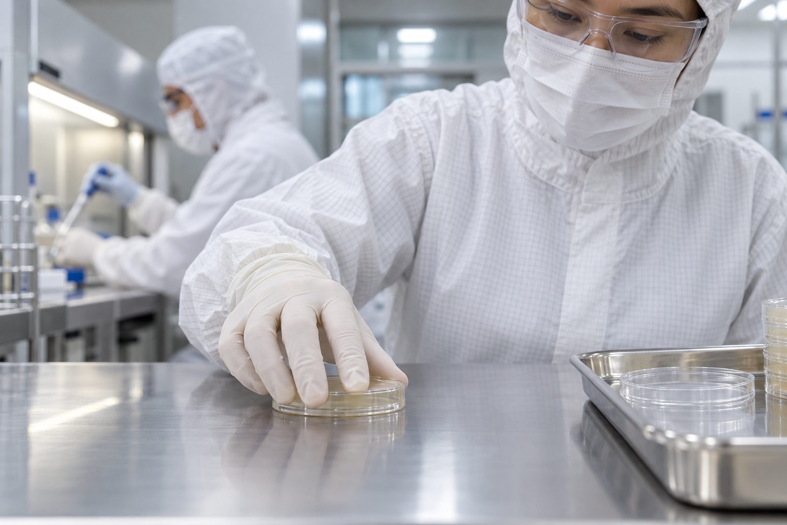 Gloved hand pressing a contact plate onto a cleanroom surface for environmental monitoring
