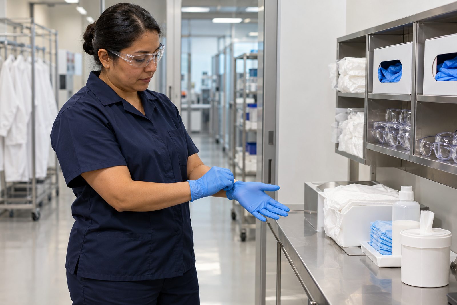 Custodian putting on nitrile gloves and safety glasses beside a stocked PPE station