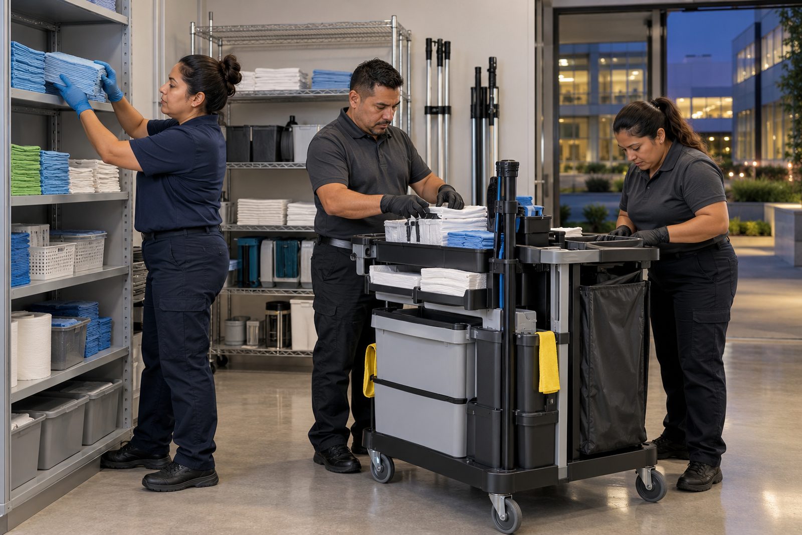 Custodial crew of three starting an evening shift at a supply room, organized and ready