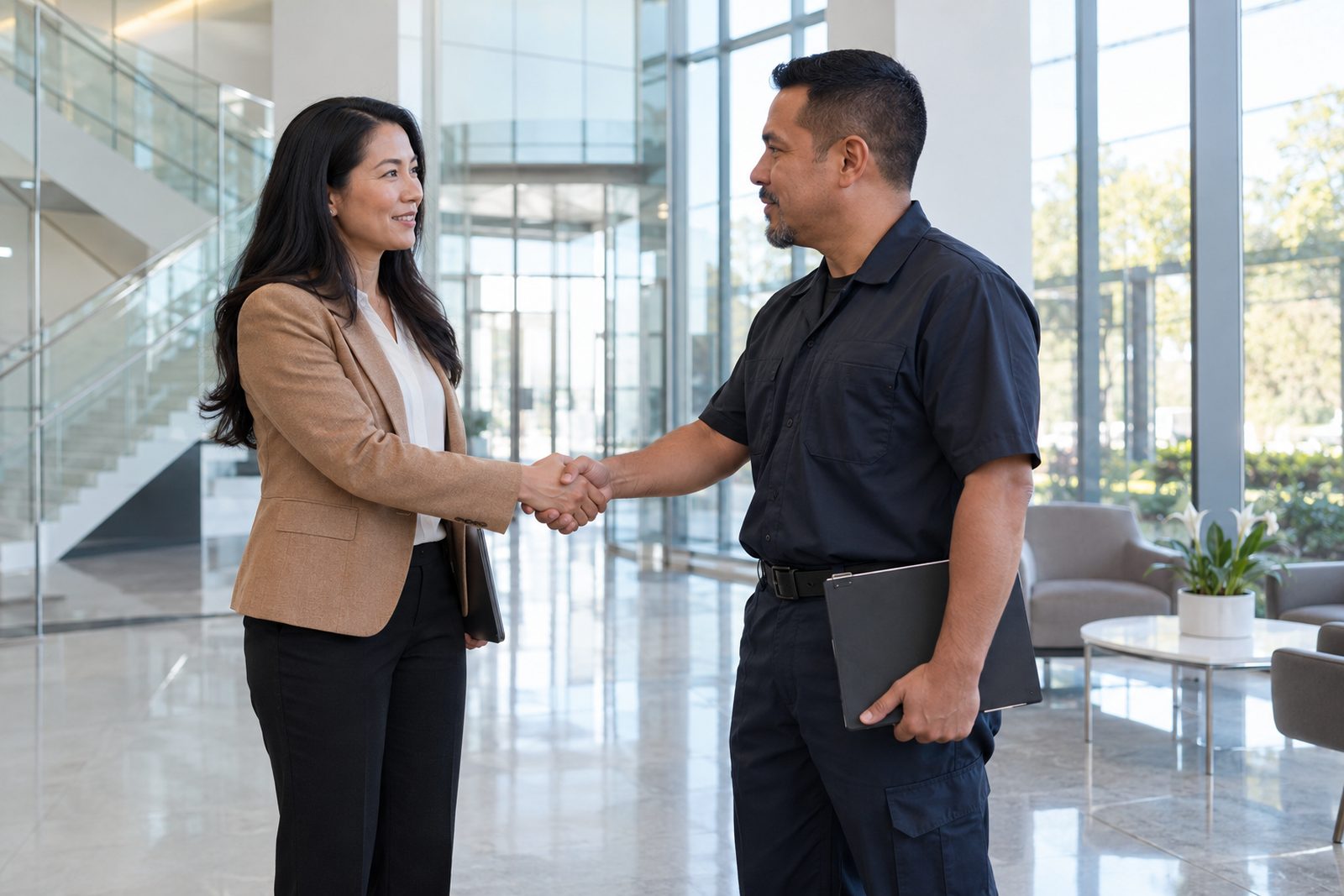 Facility manager and service supervisor shaking hands in a bright lab building lobby