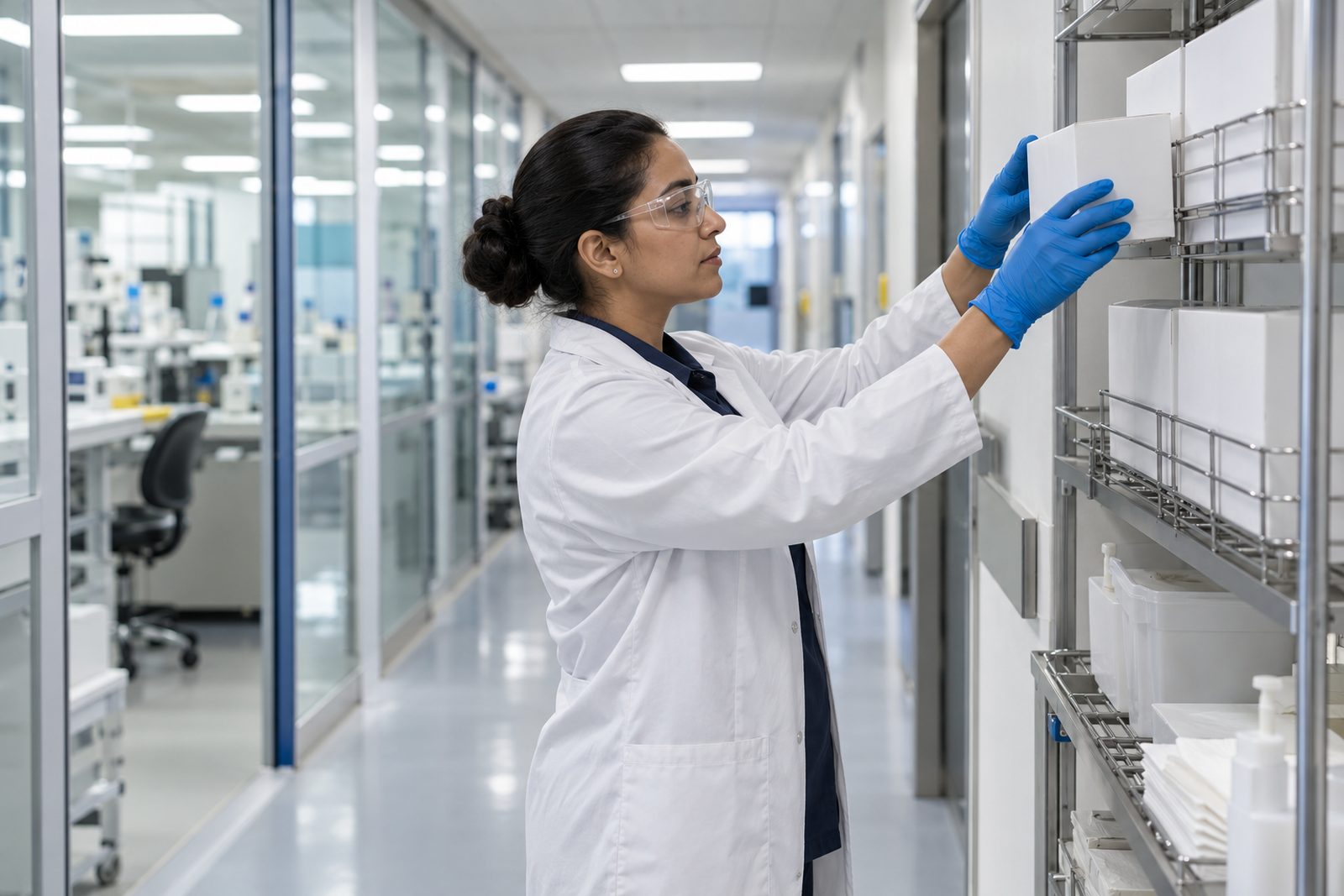 Custodian in a lab coat restocking glove boxes on a rack in a tidy biotech lab corridor