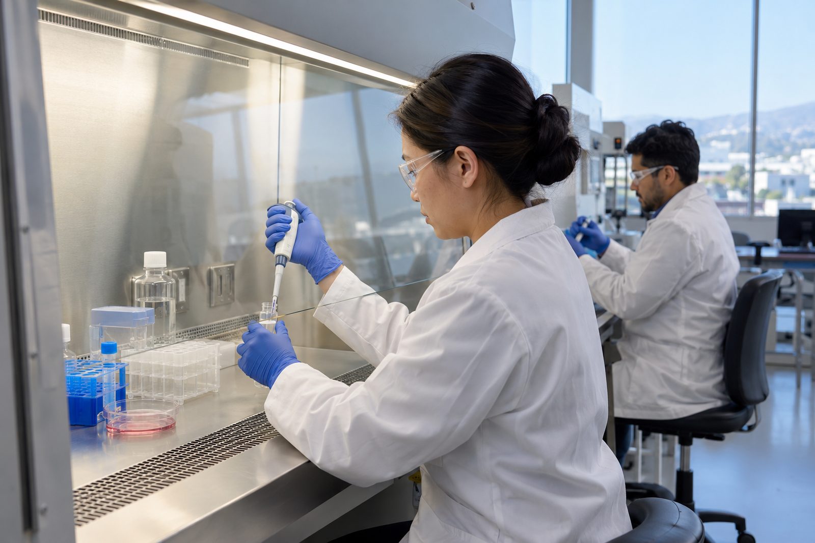 Two scientists at a biosafety cabinet in a bright South San Francisco biotech lab, gloved and focused