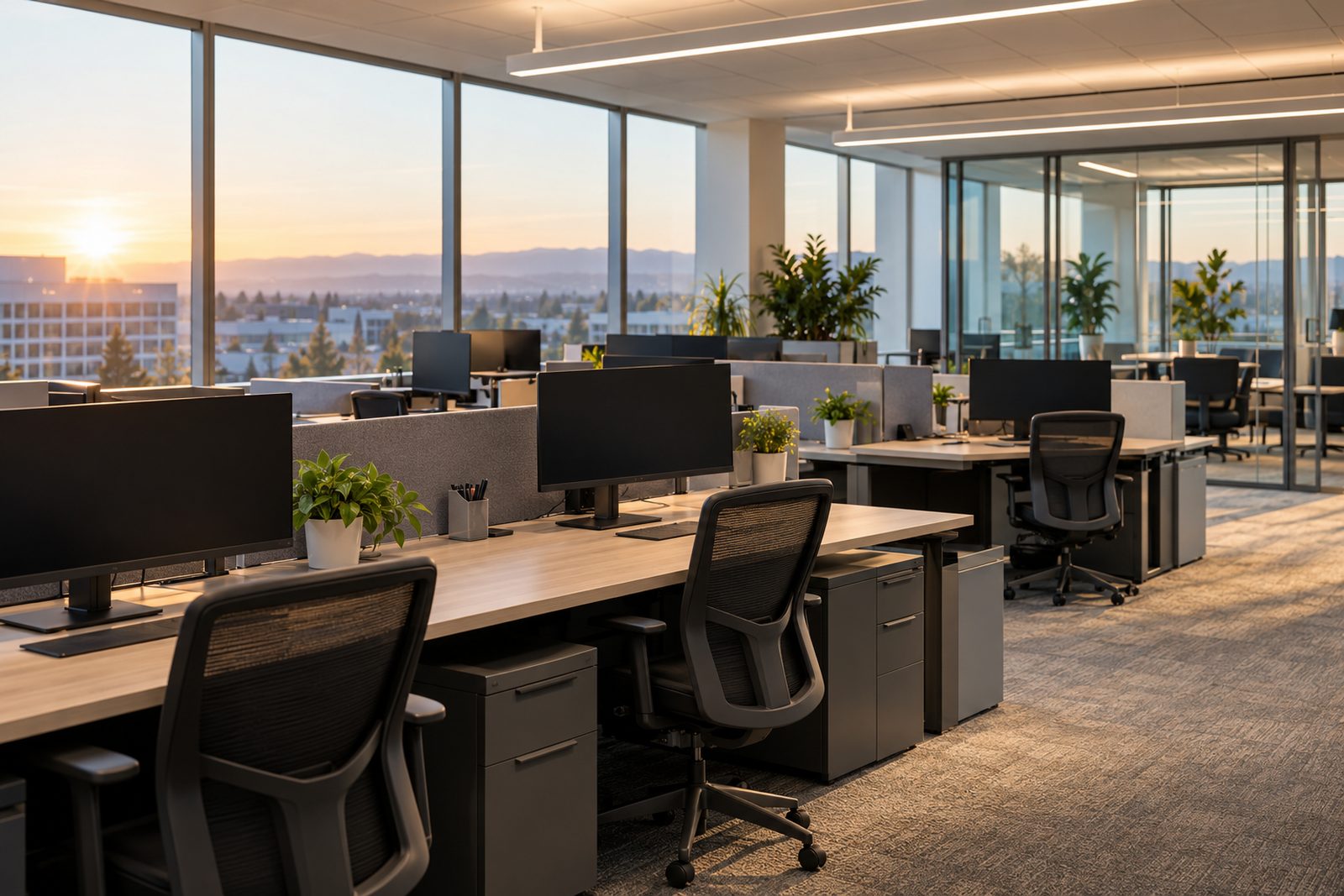 Open-plan corporate office at dawn, freshly cleaned, chairs tucked, sunlight across desks