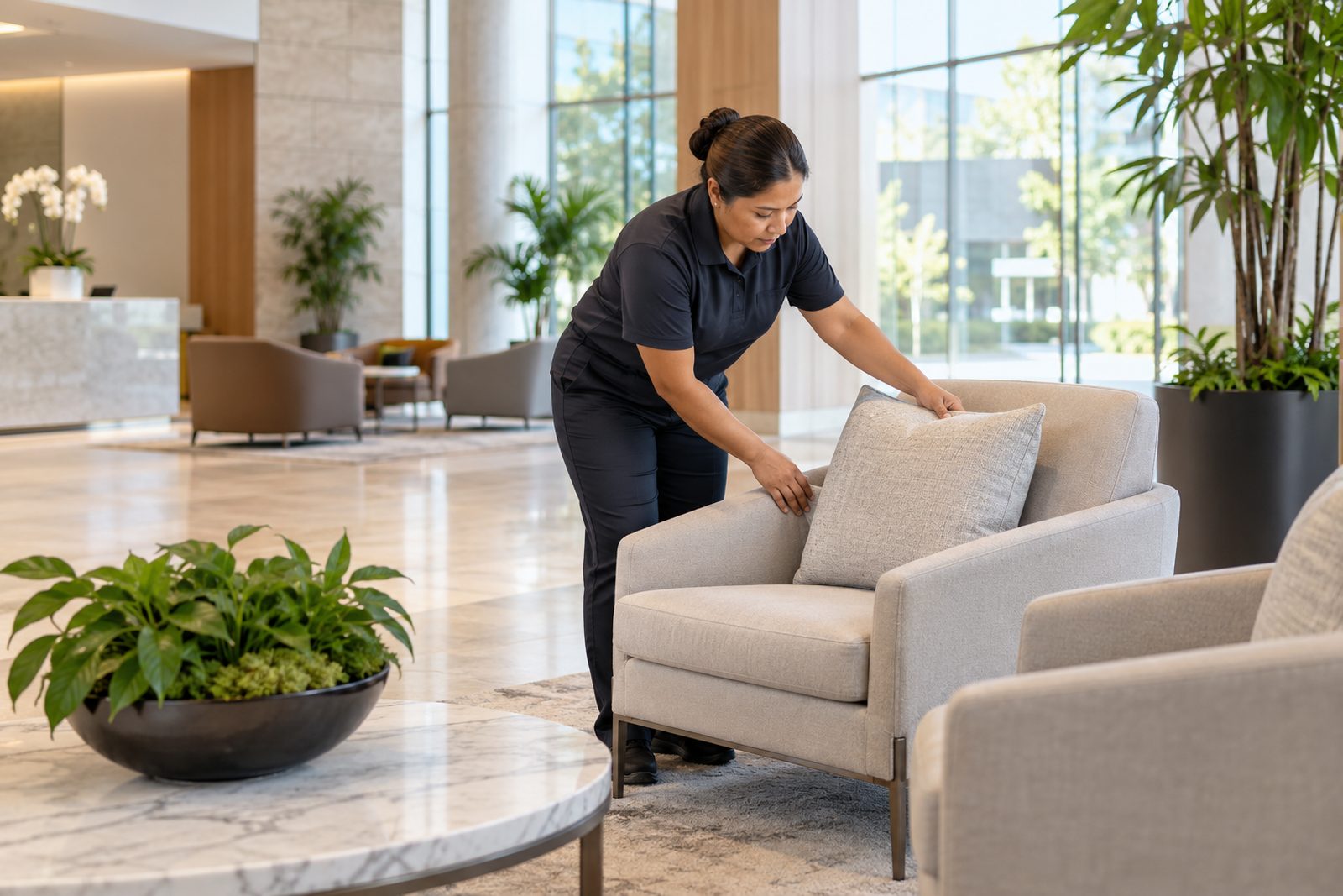 Bright modern corporate lobby with stone floor, plants and daylight, a porter tidying seating