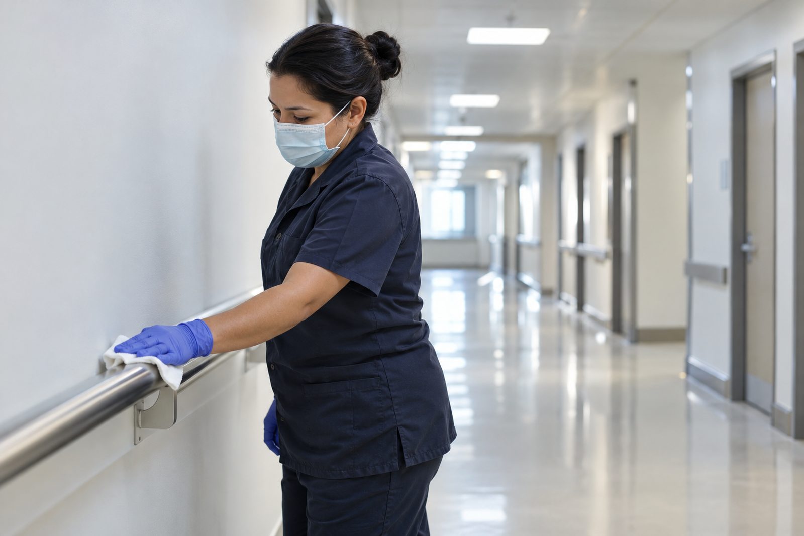 Custodian disinfecting a hospital corridor handrail, clean bright clinical hallway