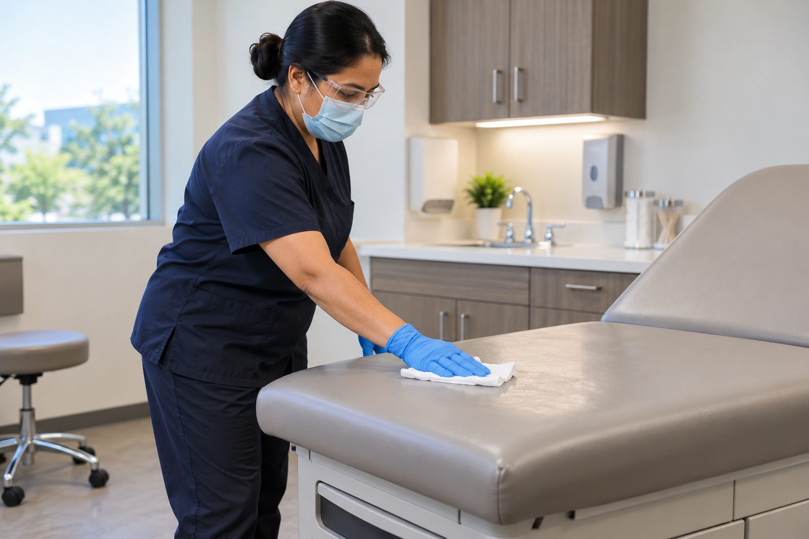 Clean outpatient clinic exam room with a gloved custodian disinfecting the exam table