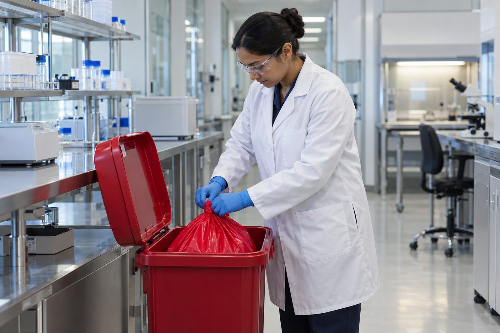 Custodian sealing a red biohazard waste bag into a lidded bin in a research lab