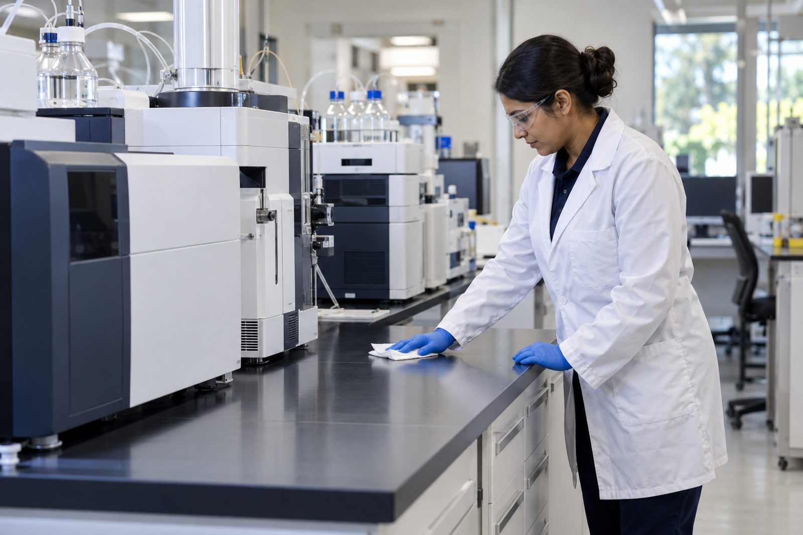 Analytical lab with mass spectrometers on benches and a gloved custodian wiping a bench