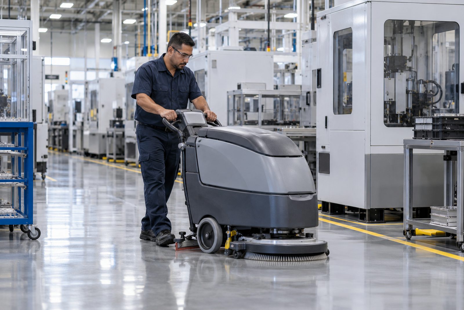 Worker scrubbing an epoxy production floor with an auto-scrubber between machine cells