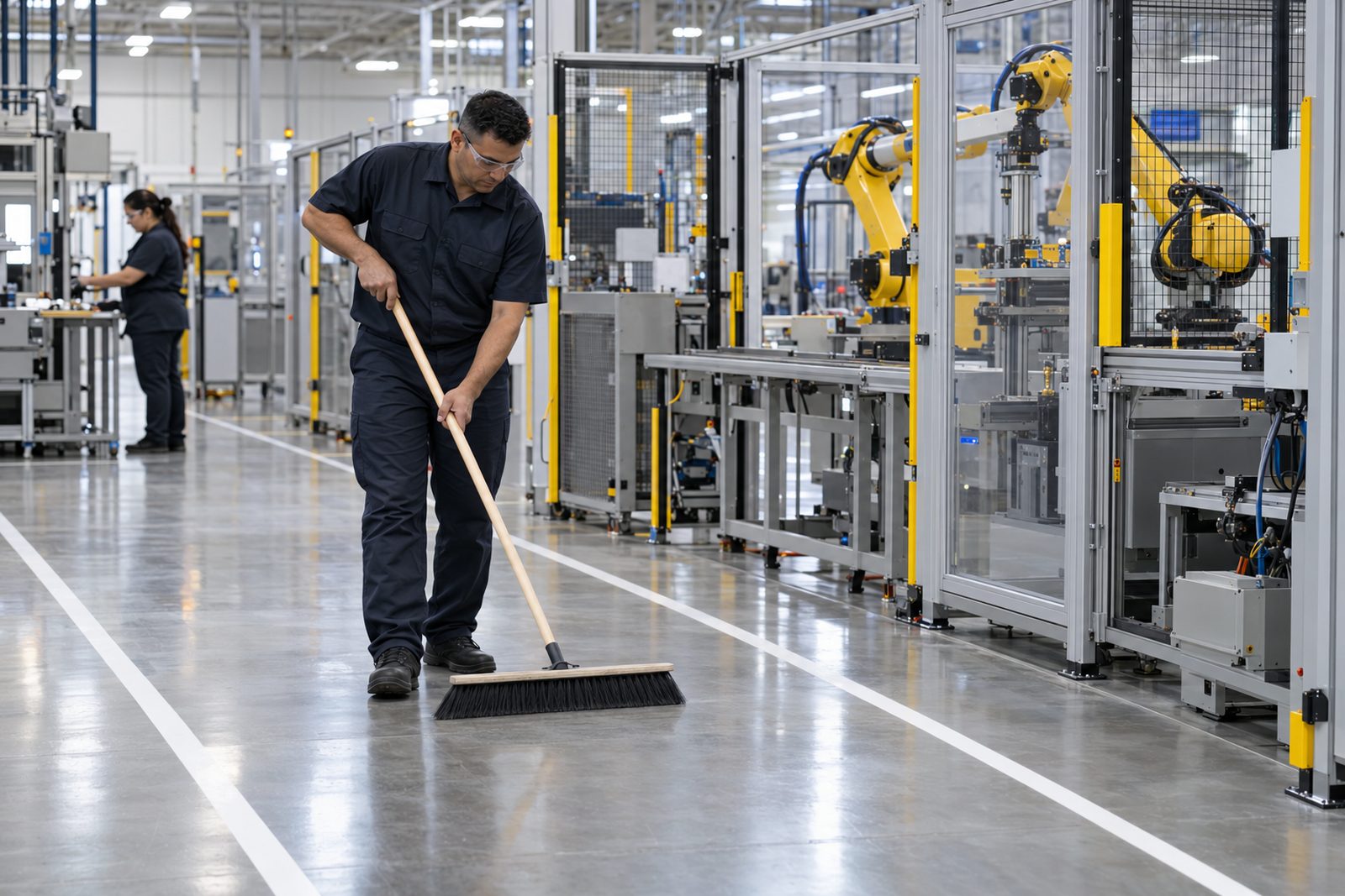 Clean advanced-manufacturing floor with robotic arms and a worker sweeping a marked aisle