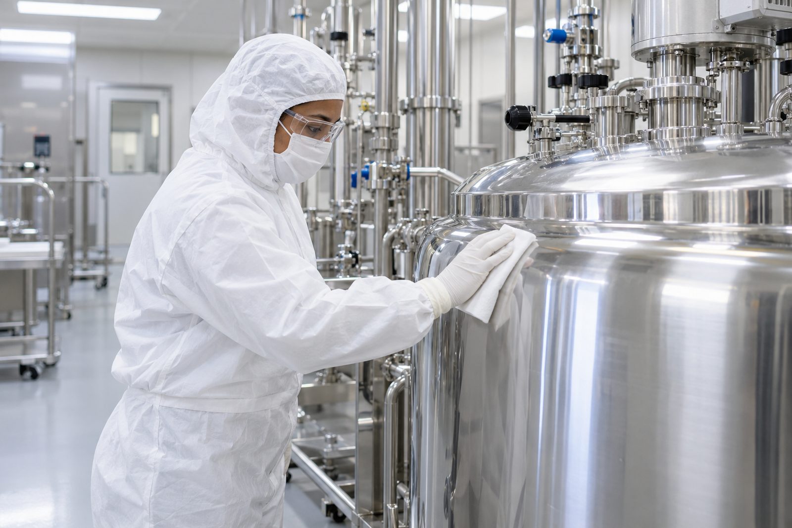 Gowned operator wiping down a stainless mixing vessel in a pharmaceutical suite