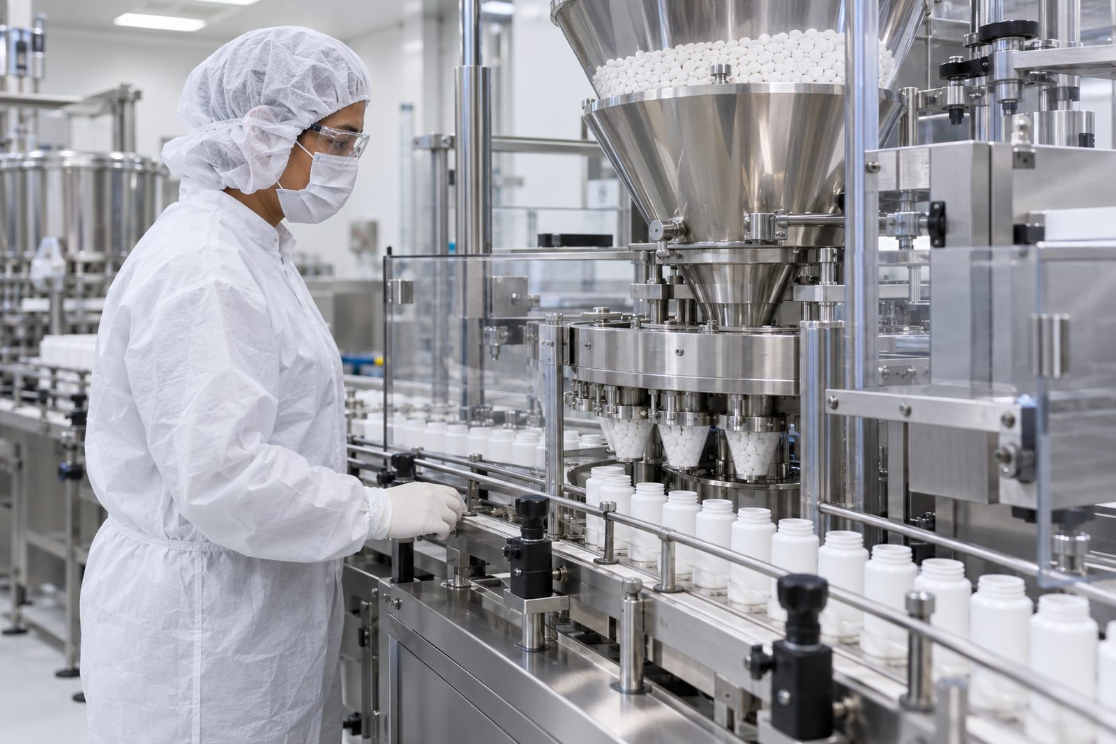 Stainless pharmaceutical tablet-filling line in a clean production room with gowned operator