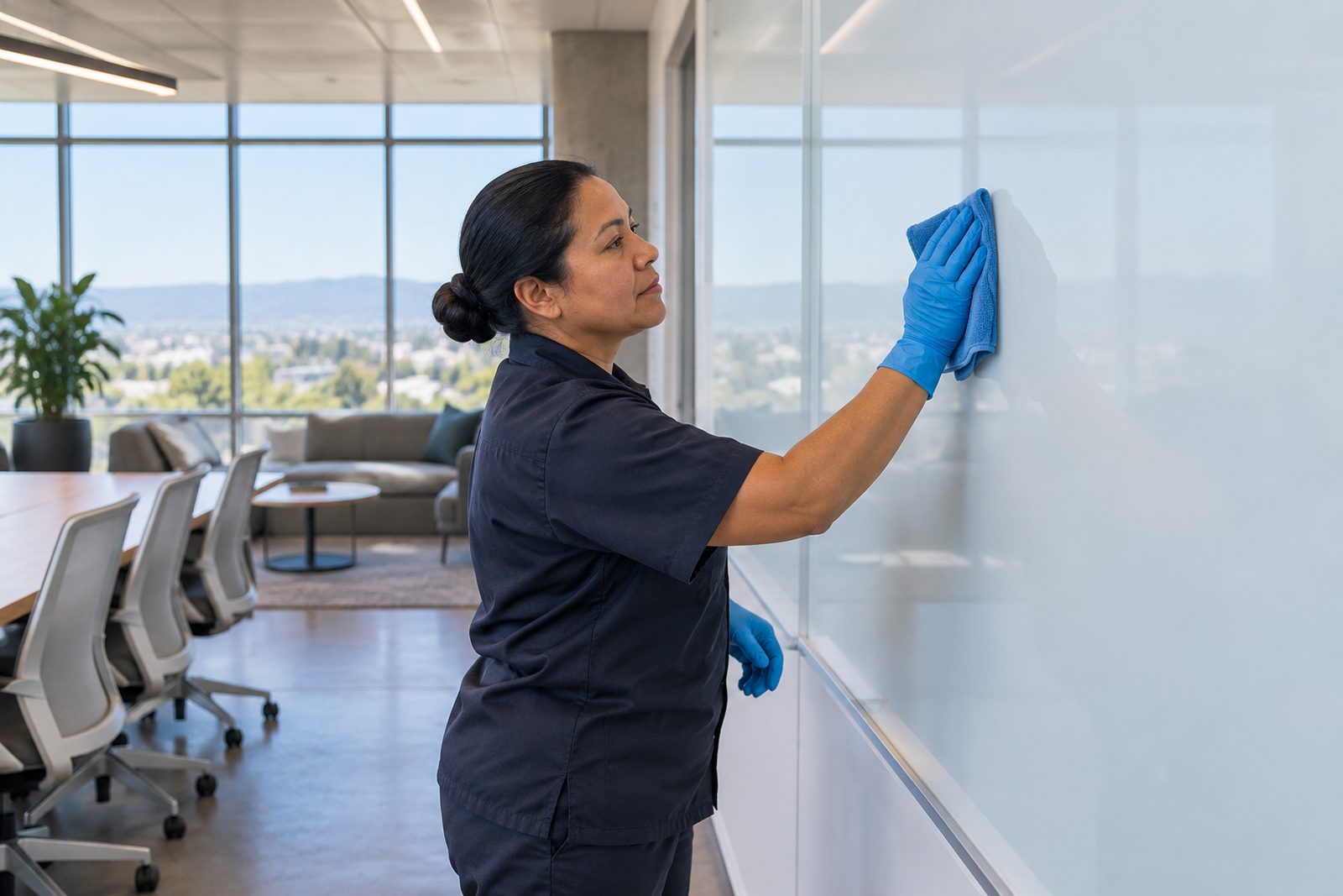 Custodian wiping a glass whiteboard wall in a tech company collaboration space