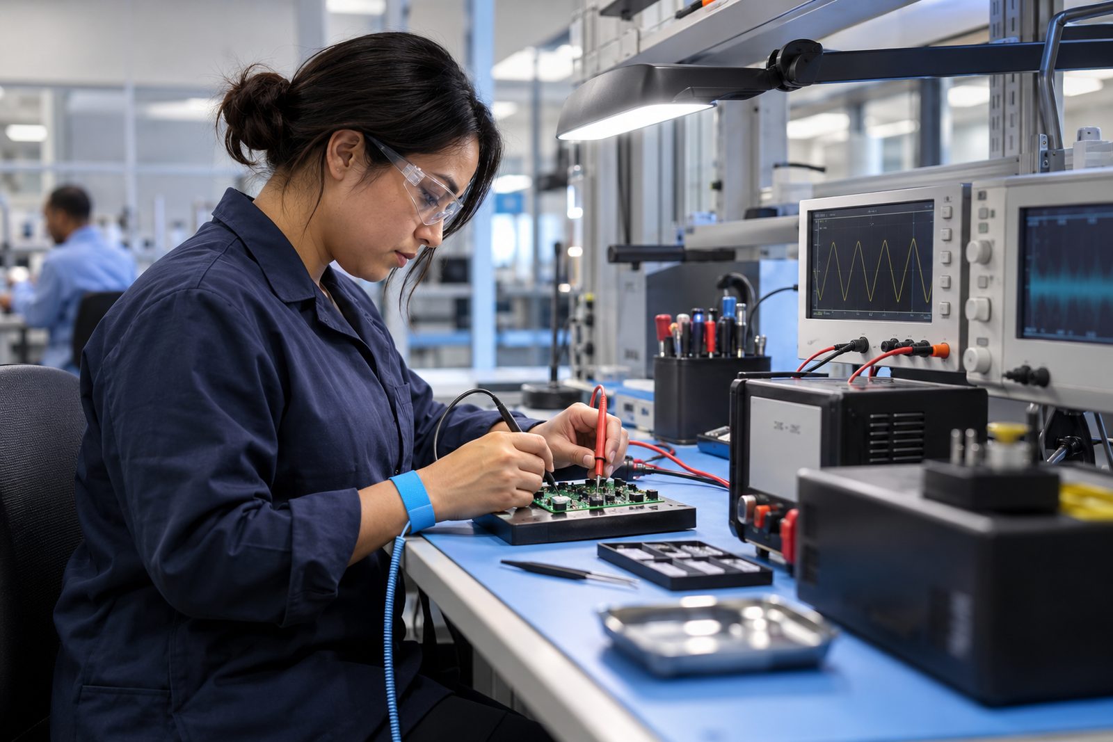Hardware lab with ESD benches and test equipment, a technician working, clean and orderly