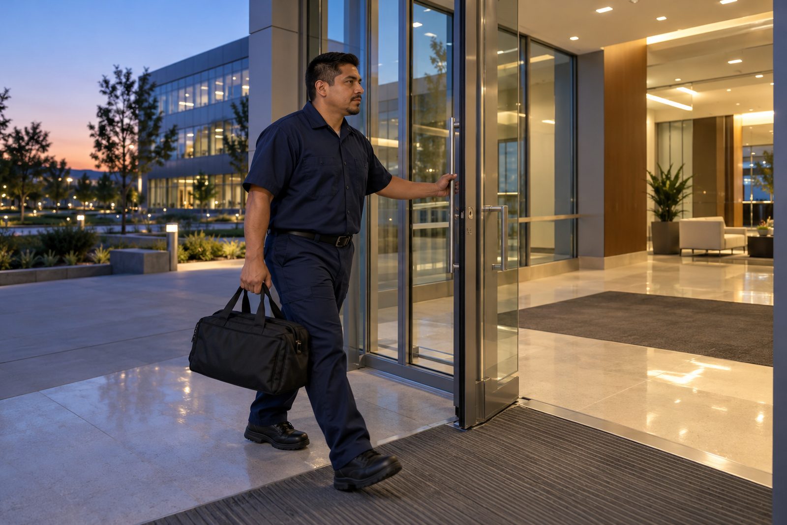 Hispanic crew member in navy walking through a glass security door of a campus building at dusk, carrying a supply bag