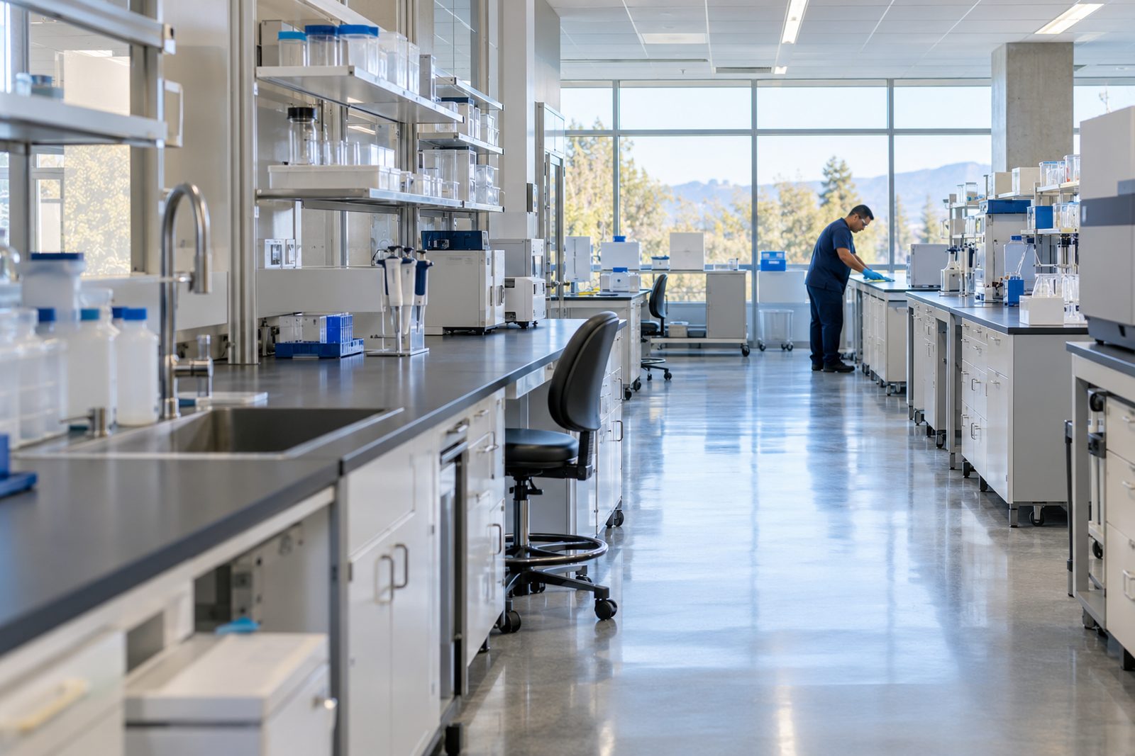 Wide view of a tidy biotech lab with long benches and a custodian in navy wiping a bench end in the distance