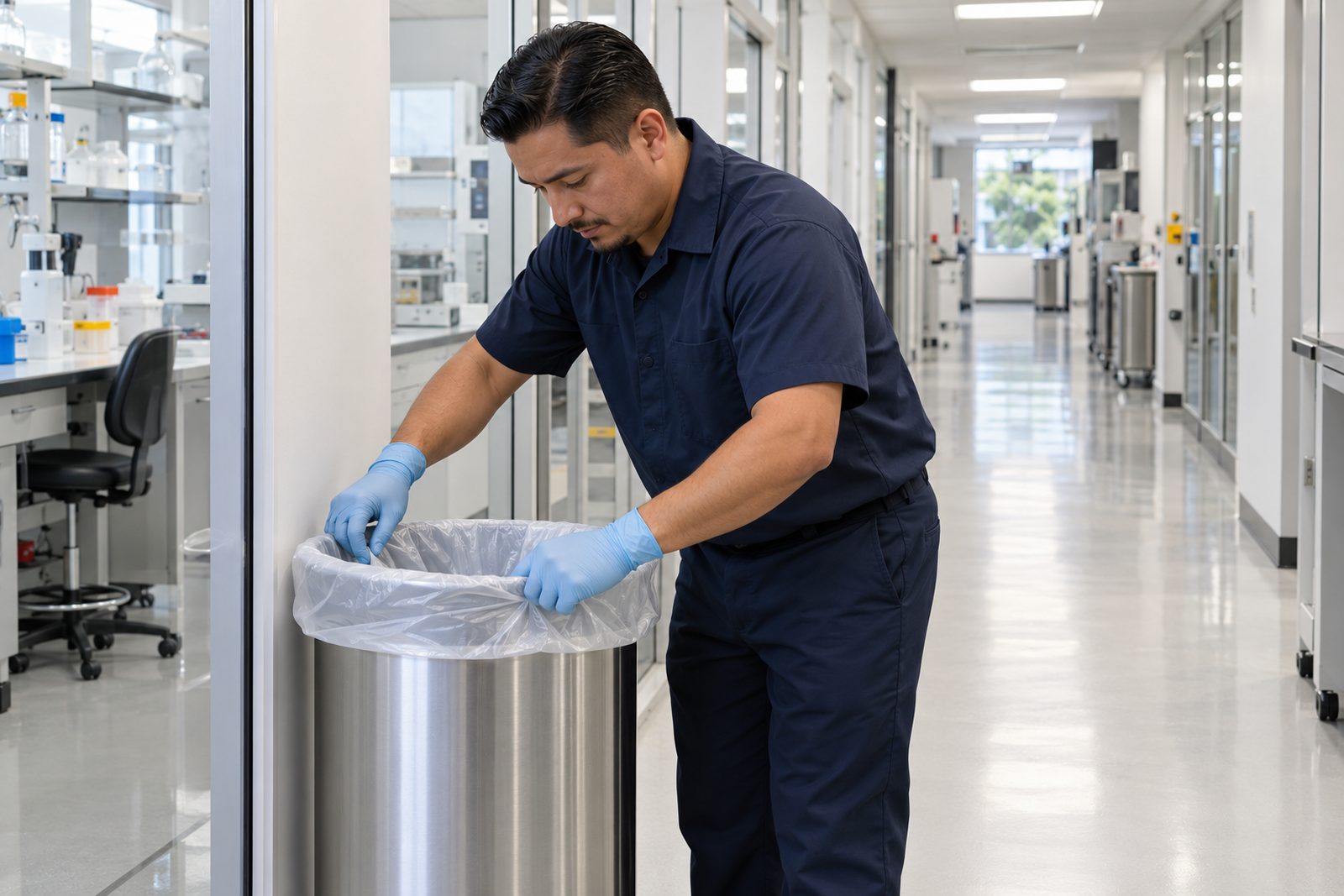 Hispanic crew member in navy replacing a liner in a stainless lab waste bin, tidy corridor behind, bright light