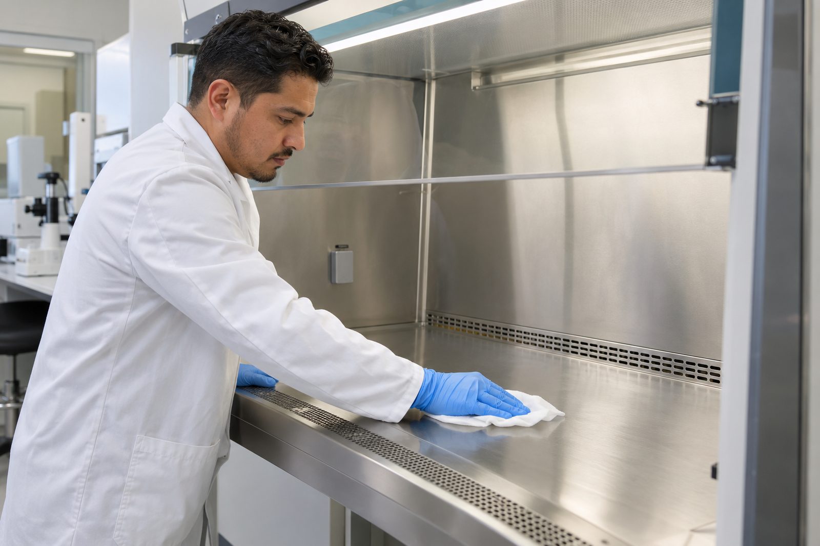 Hispanic technician in white coat wiping the stainless work surface of a biosafety cabinet, glass sash raised