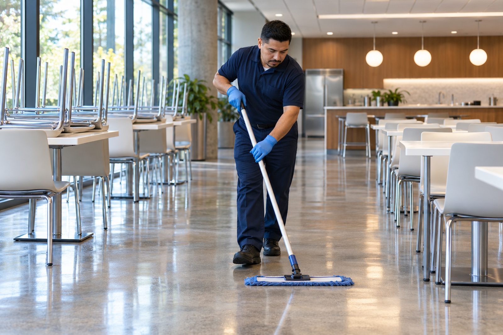 Bright office cafeteria after hours, tables wiped and chairs up on one side, Hispanic man in navy mopping toward the camera
