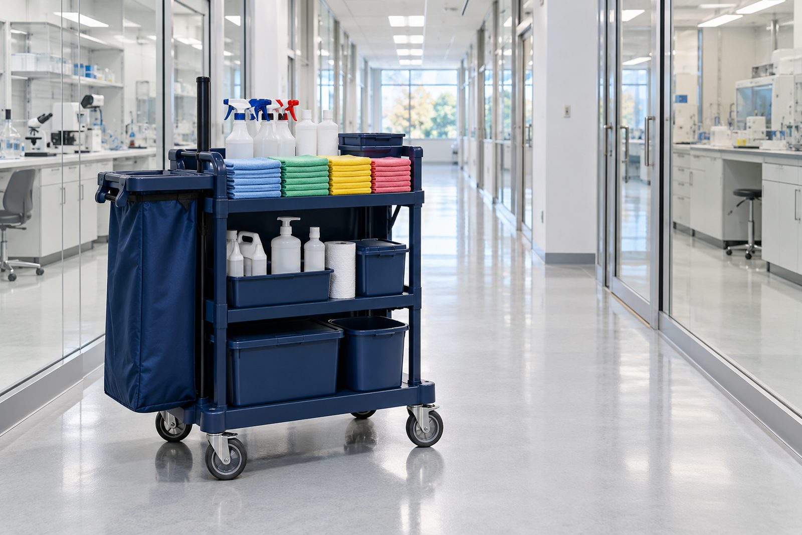 Navy janitor cart fully organised with color-coded cloths and bottles, parked in an empty bright lab corridor