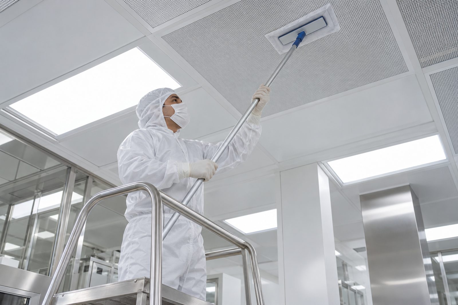 Worker on a platform ladder wiping a cleanroom ceiling grid panel with a long handled wiper, seen from below