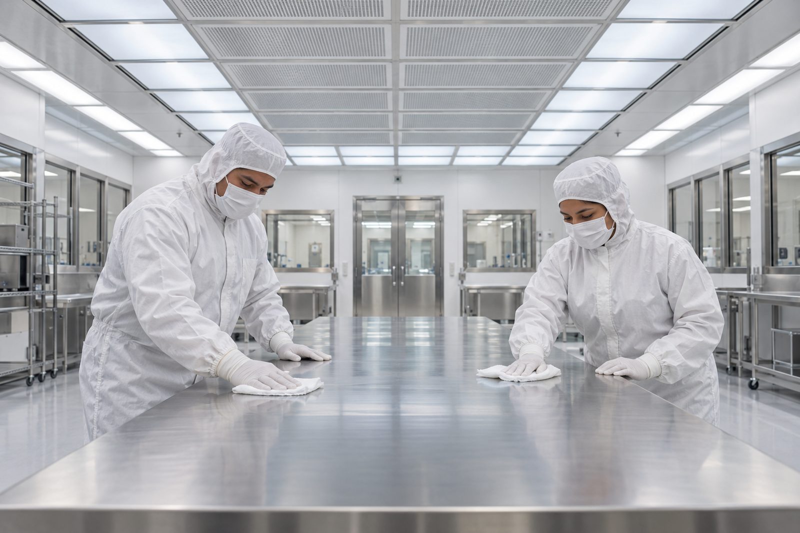 Wide ISO cleanroom with laminar ceiling and two gowned technicians wiping a long stainless table