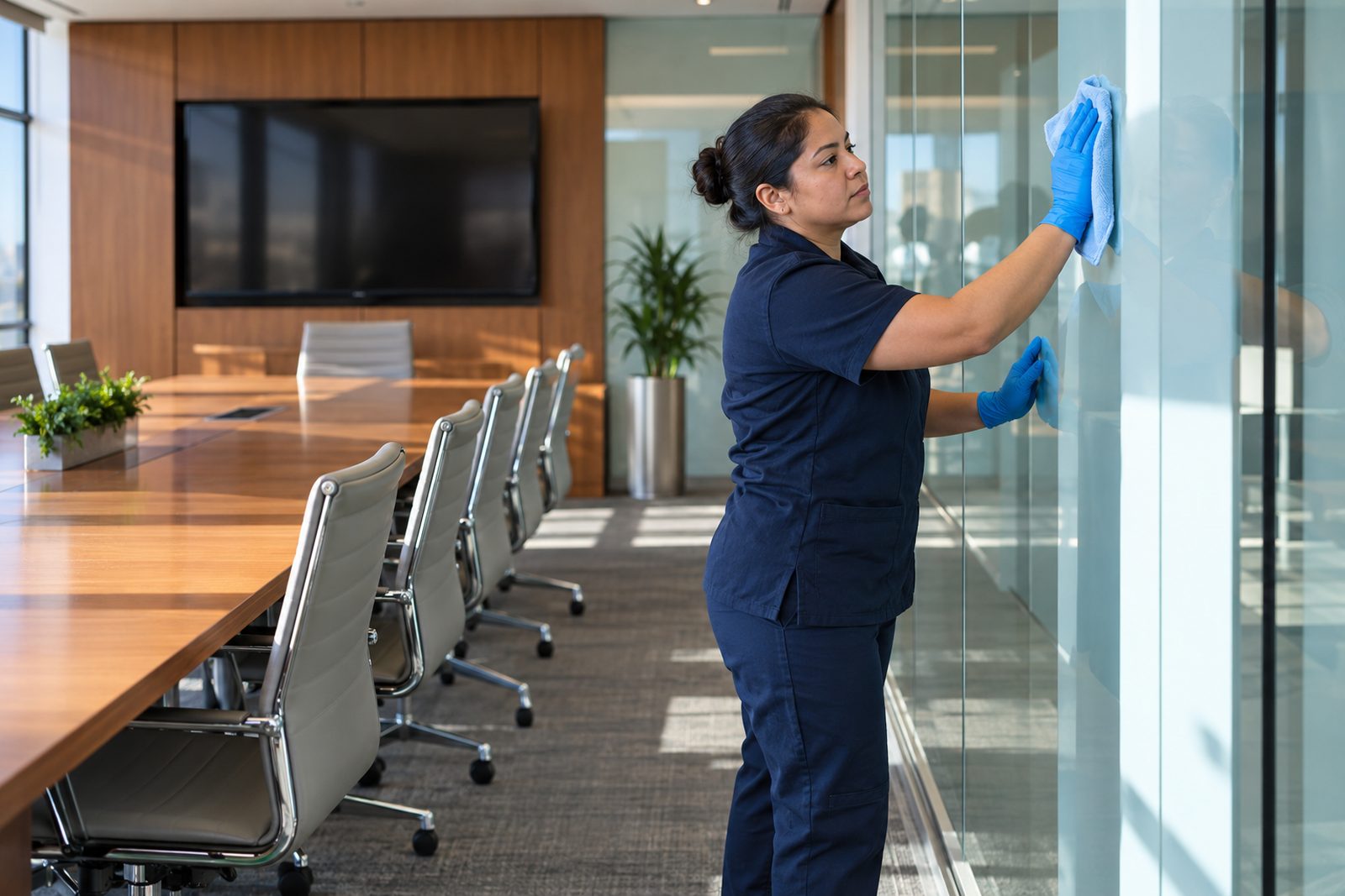 Spotless modern conference room with a long table, chairs squared, a Hispanic woman in navy wiping the glass wall