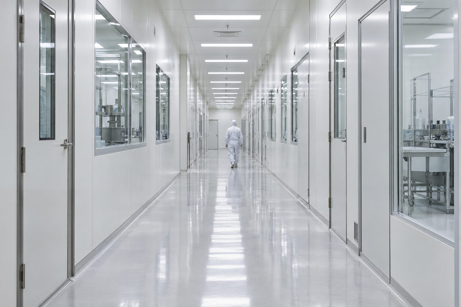 Long cleanroom corridor in one-point perspective, white walls and ceiling lights, a gowned technician in the distance