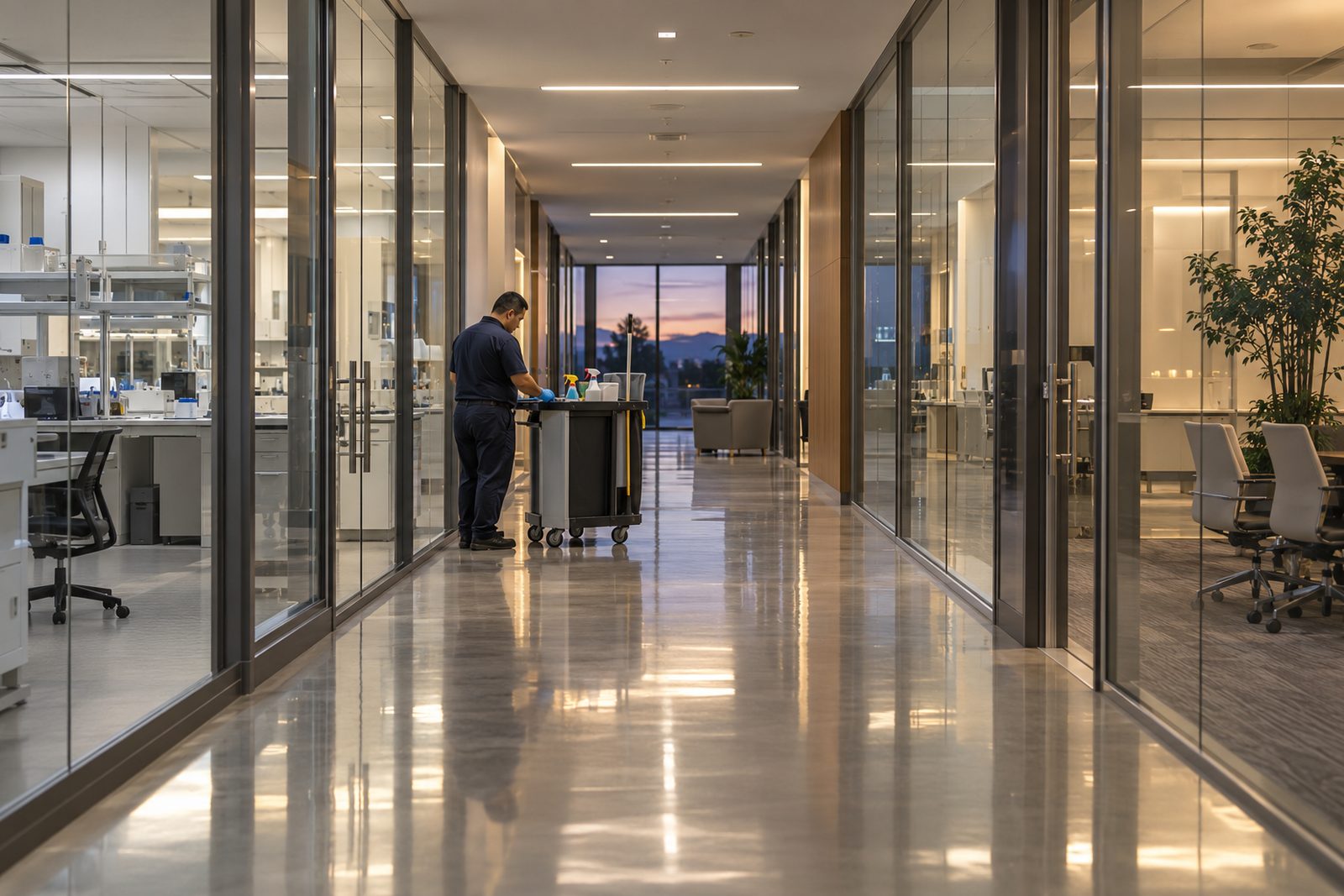 Long polished office hallway in one-point perspective at evening, glass offices either side, a cleaning cart halfway down