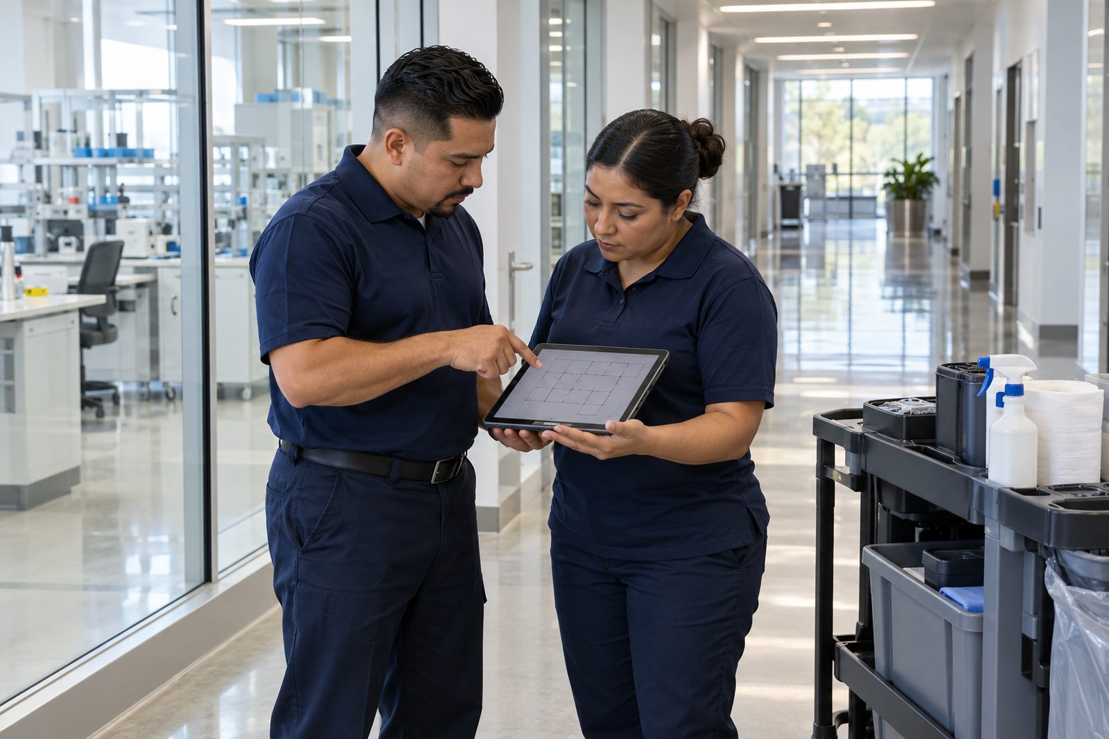 Two Hispanic crew members in navy, one man and one woman, reviewing a floor plan on a tablet beside a cart in a corridor