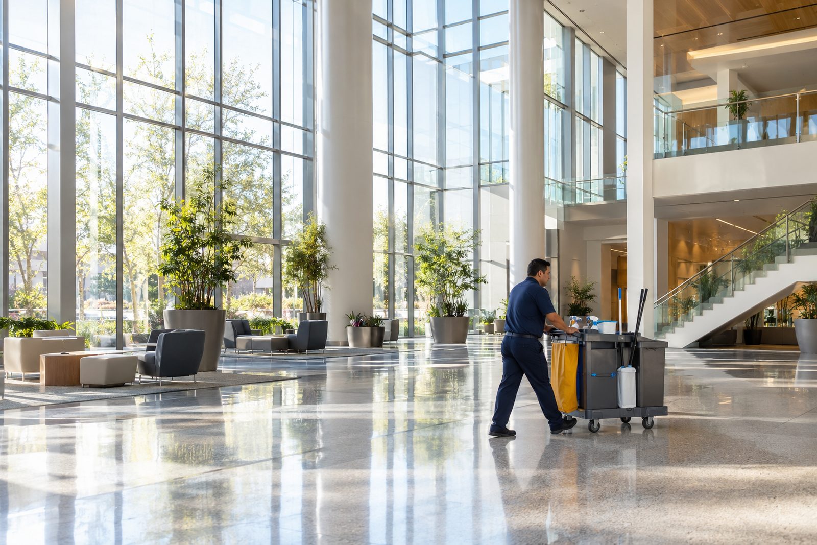 Hispanic crew member in navy pushing a cleaning cart across a large daylit atrium, tiny against the tall glass walls